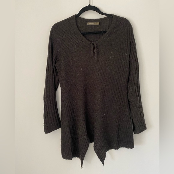 SANDWICH_ Dark Brown Ripped V Neck Long Sweater - Picture 3 of 6